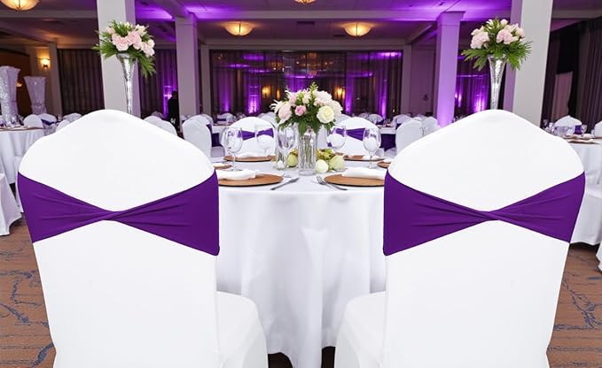 MDS Pack of 50 Spandex Chair Sashes Bows Elastic Stretch Dining Chair Bands Ties Without Slider Buckle Universal fits for Wedding Baby Shower Birthday Party Banquet Event Decoration - Purple