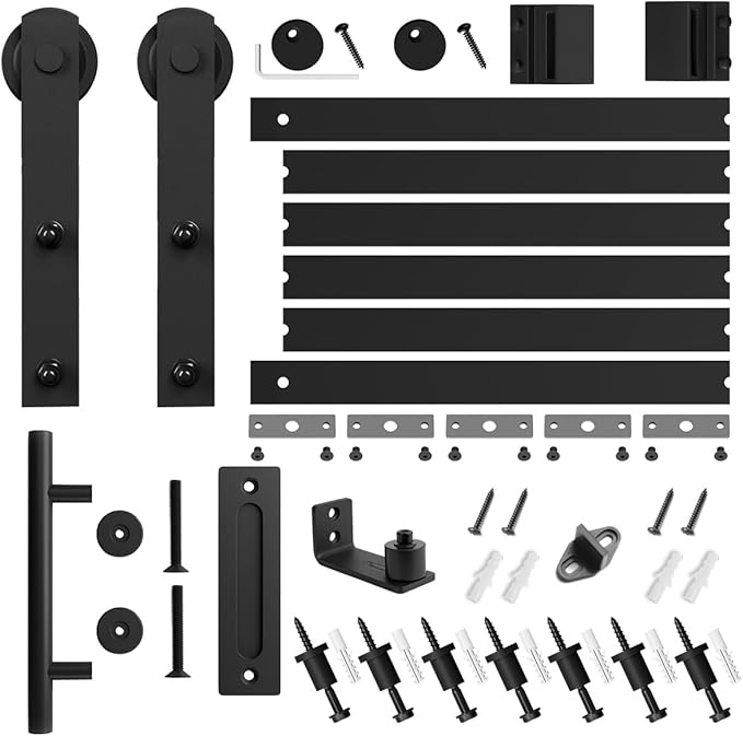 SMARTSTANDARD 8.2 FT Heavy Duty Sturdy Sliding Barn Door Hardware Kit, Black, (Whole Set Includes 1x Pull Handle Set & 1x Floor Guide) Fit 42"-48" Wide Door Panel (I Shape Hanger)