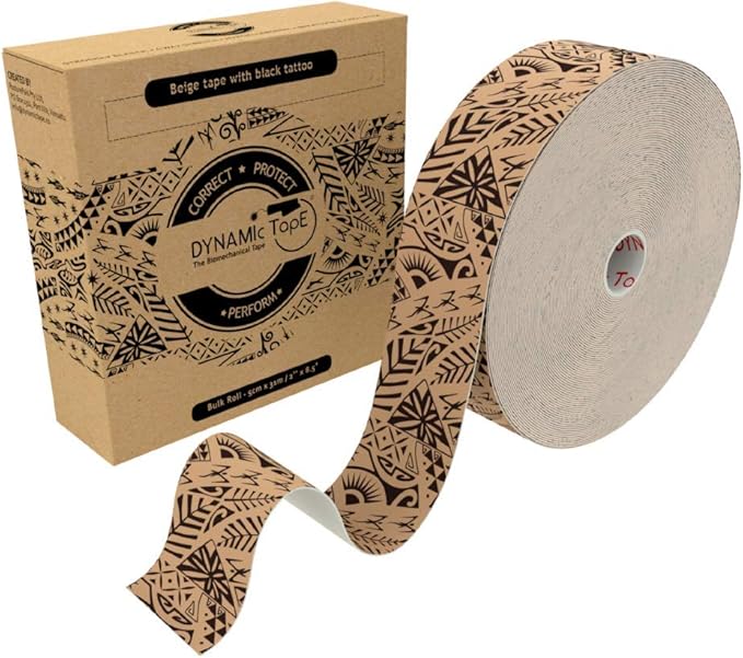 Dynamic Tape Original - Biomechanical Athletic Tape | 4 Way Stretch & Stronger Recoil Than Kinesiology Tape | Designed for Muscle & Joint Load Management | High-Load Sports (101ft - 2" Beige/Black)