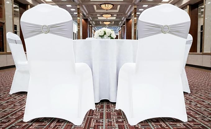 MDS Pack of 25 Spandex Chair Sashes Bow Premium Stretch Chair Cover Band with Buckle Slider Universal fits Elastic Stretch Chair Ties for Wedding Party Banquet Events Decoration - Light Silver