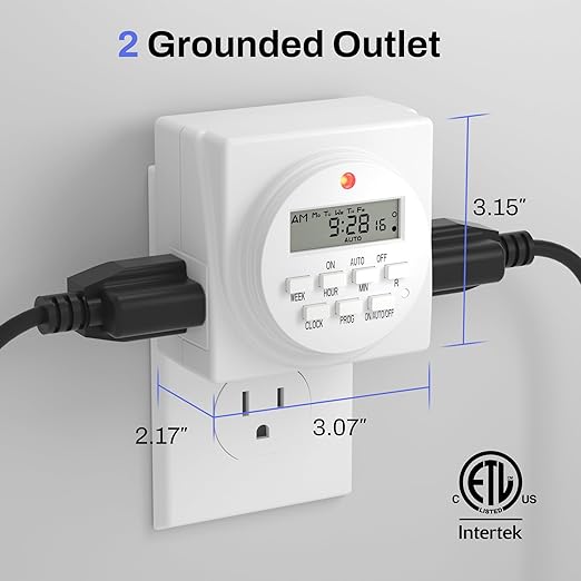 BN-LINK Indoor Digital Timer Outlet, Dual Outlet 7 Day Programmable Light Switch, 3 Prong Plug in Timers for Electrical Outlets, Lamps, Fans, 8 On/Off Programs, 2 Pack, 15A/1875W, ETL Listed