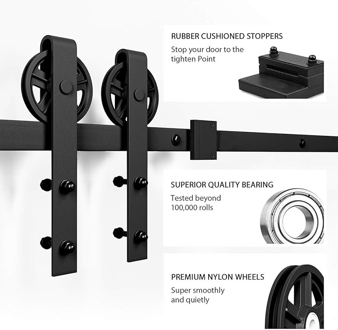 SMARTSTANDARD 7.5 Feet Heavy Duty Sliding Barn Door Hardware Kit, 4FT - 18FT, Black, Smoothly and Quietly, Simple and Easy to Install, Fit 42" -45" Wide Panel (Industrial Bigwheel Hangers)