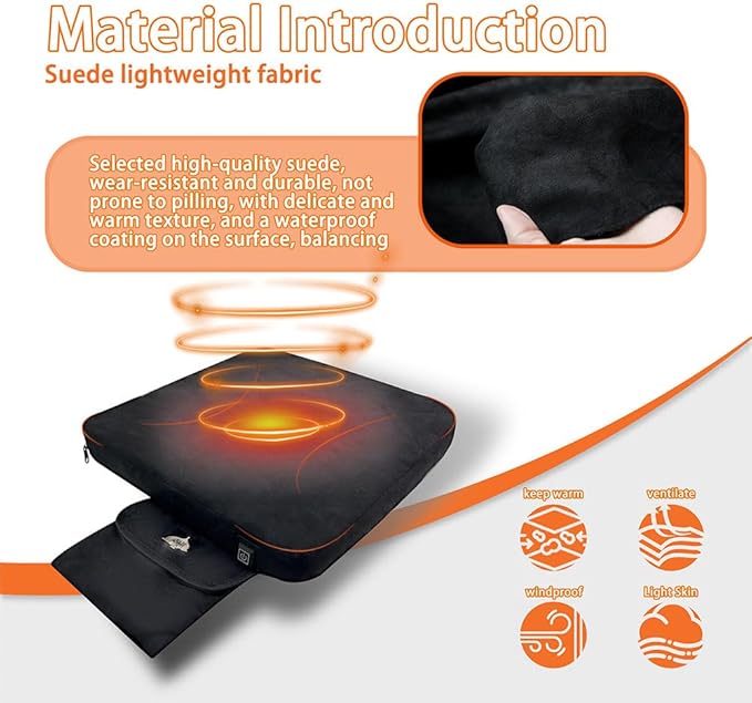 Heated Seat Cushion Foldable Memory Foam Heated Seat Pad with 3 Level Heating for Camping Fishing Office Chair Stadium Seats (Power Supply Not Included) (Artificial Suede) (L-Shape) (Square)