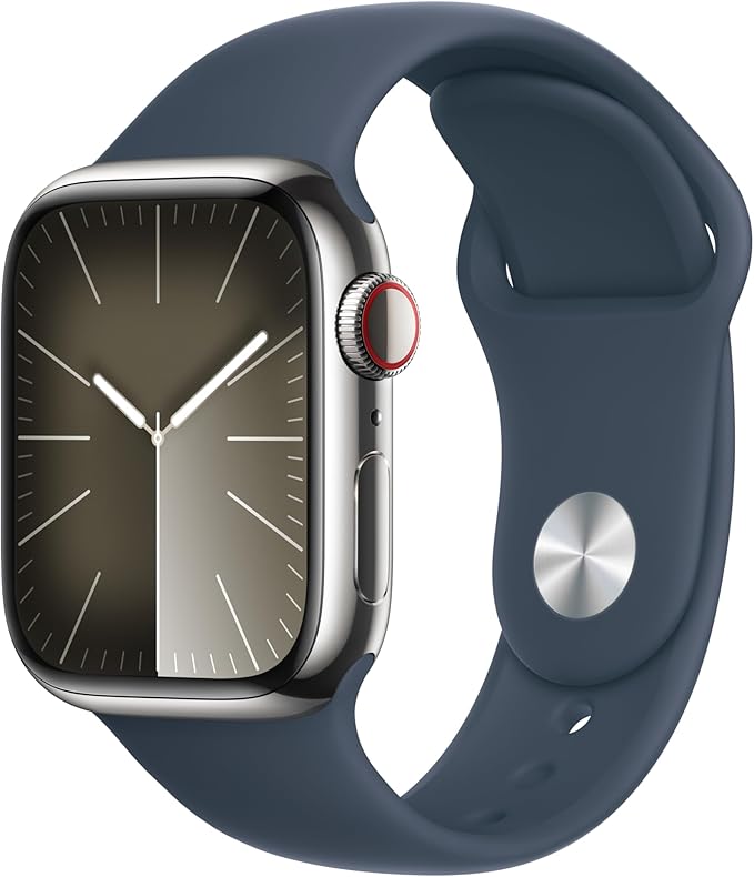 Apple Watch Series 9 [GPS + Cellular 41mm] Smartwatch with Silver Stainless Steel Case with Storm Blue Sport Band S/M. Fitness Tracker, Blood Oxygen & ECG Apps, Always-On Retina Display