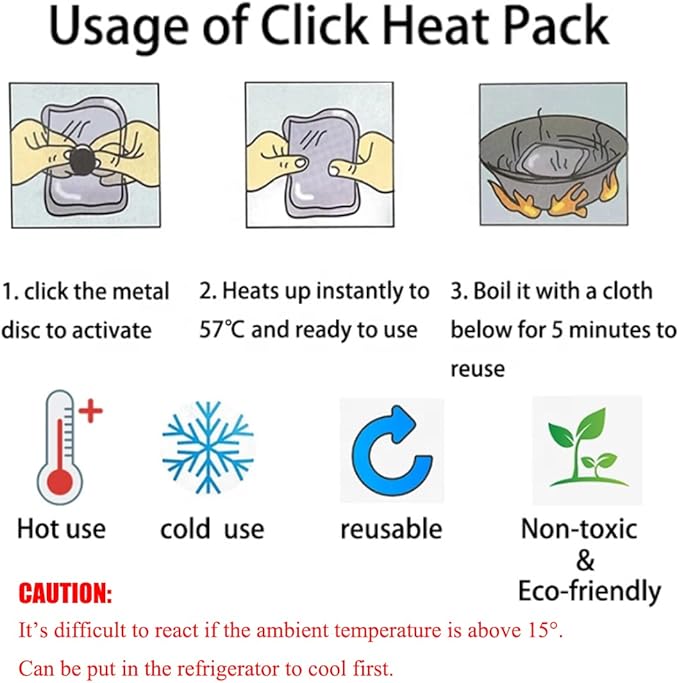 Reusable Click Instant Heat Packs, Pocket Hand Warmers, Snap It Hot/Cold Gel Heating Pad for Adults & Kids, Instant Hot Pad, Hot Compress, Hand Click Gel Warmers for Body