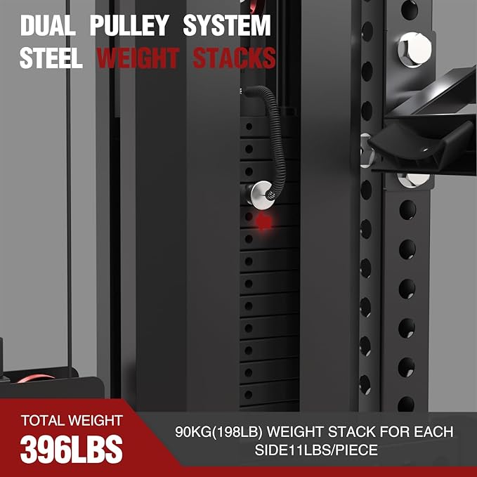 Commercial Smithe Machine with Dual Weight Stacks, Power Cage Squat Rack with Lever Arm & Leg Press Attachment, Multi-Function Linear Bearing Cable Crossover Machine for Home Gym