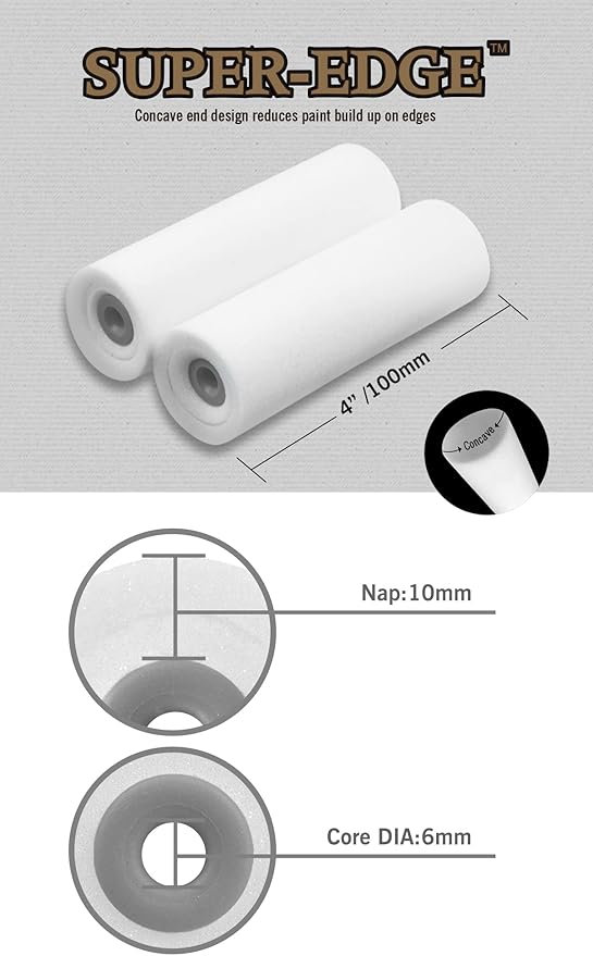 ROLLINGDOG Mini Foam Roller Paint - Paint Roller Covers,Concave Design High Density Foam Roller Refills for Smooth Even Painting(4 Inches,4PC)
