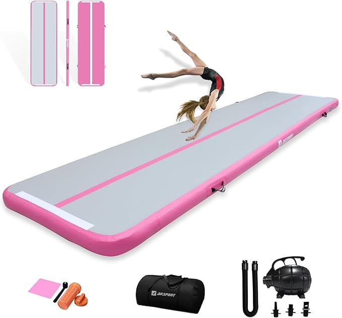 AKSPORT Gymnastics Air Mat Tumble Track Tumbling Mat Inflatable Floor Mats with Air Pump for Home Use/Tumble/Gym/Training/Cheerleading/Parkour/Beach/Park/Water