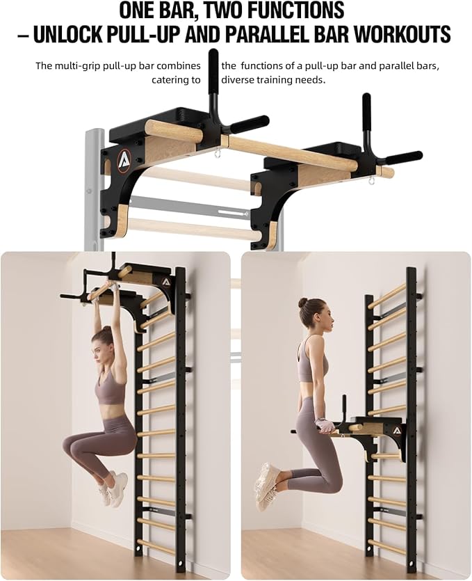 Swedish Ladder Pro, Wood Stall Bar with Push-Through Bar, Adjustable Pull-Up Dip Bar for Adults and Kids, Accessories Bundle, Spring, for Home, School, Physical Therapy and Gymnastics