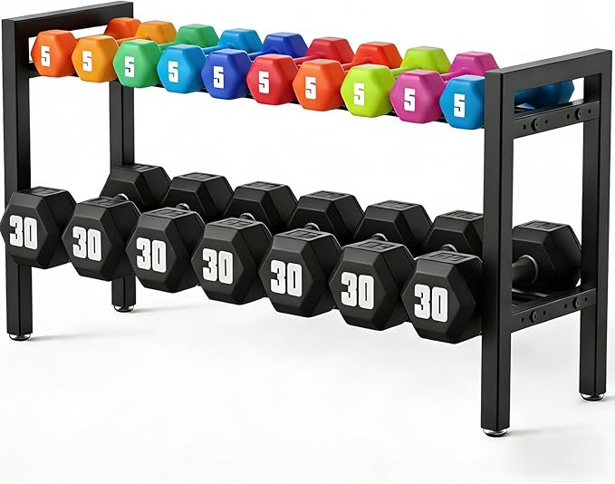 Dumbbell Storage Rack, Weight Rack for Dumbbells, 2 Tier Adjustable Kettlebell Rack Shelf Weight holder for Home Gym Heavy-Duty Space-Saving (Rack Only)