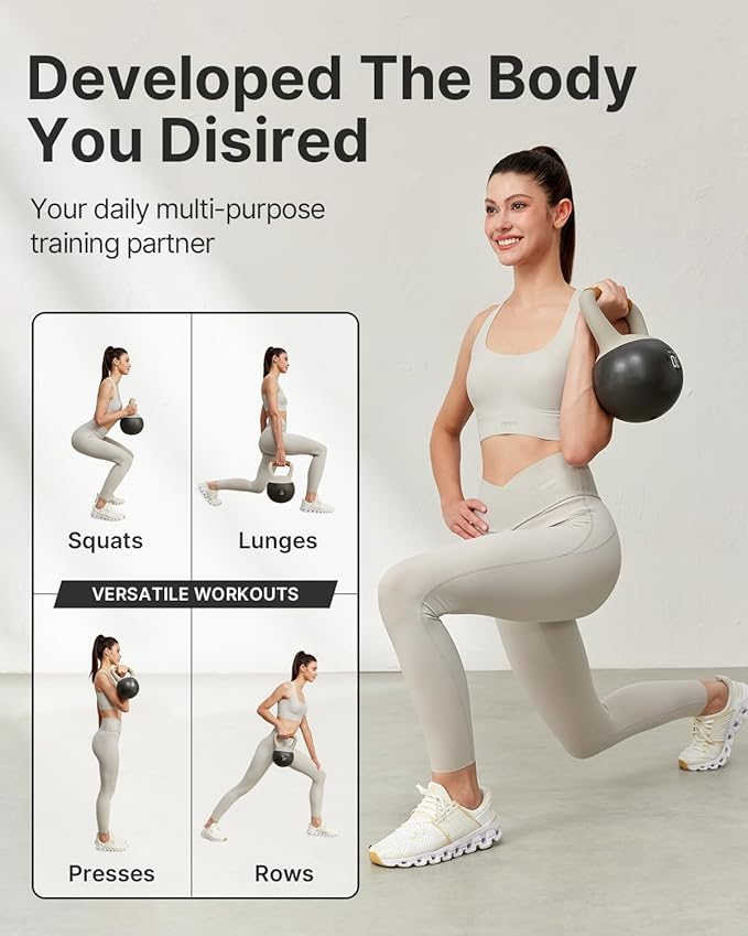 YOTTOY Soft Kettlebell with Leather Handle – Anti-Slip Sweat-Absorbing Grip, Home Gym Kettlebell Weights for Strength Training, Safe Neoprene Kettlebell for Women & Men