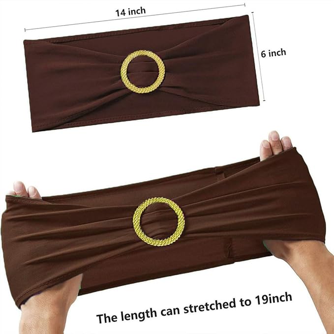 Brown Chair Sashes 50 Pack with Gold Buckle Slider, Spandex Chairs Bands Bows for Wedding Party Birthday Banquet Décor