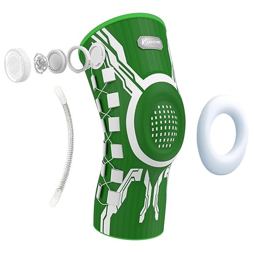 Kuangmi Knob Knee Brace for Pain Relief, Knee Support with Patella Gel Pad & Side Stabilizers, Compression Knee Sleeve for Workout, Arthritis, Joint Pain, Meniscus Tear (Green White,Right,X-Large,Single)