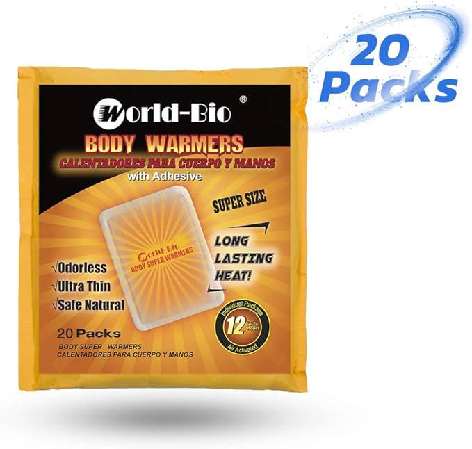 WORLD-BIO Body Warmers for Cold Weather, Heat Warmer Patch Disposable with Adhesive Backing Gives Hours Warm - 12/20/32/40 Packs, Hand Warmers Long Lasting Safe Natural Odorless