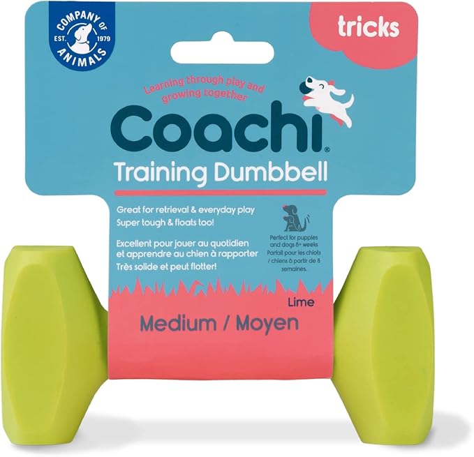 Coachi Training Dumbbell, Floats, Long Distance Throwing, Classic Retrieval Toy, Gundog and Puppy Training. Dog Accessory, Super Tough & Strong, Suitable for Medium Dogs and Puppies (Size M, Lime)