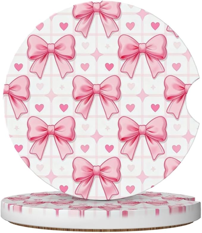 Car Cup Holder Coasters, 2 Pcs Ceramic Coasters with Finger Slot and Cork Back, Anti-Slip Shock Absorbing Women and Men Universal Car Accessories - Checkered Bowknot