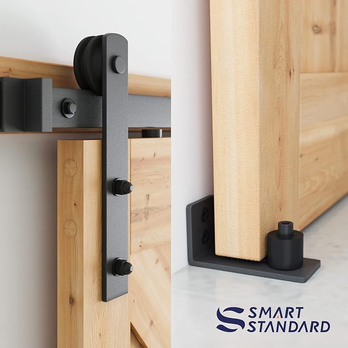 SMARTSTANDARD 11 FT Heavy Duty Sturdy Sliding Barn Door Hardware Kit, Black, (Whole Set Includes 1x Pull Handle Set & 1x Floor Guide) Fit 66" Wide Door Panel (I Shape Hanger)