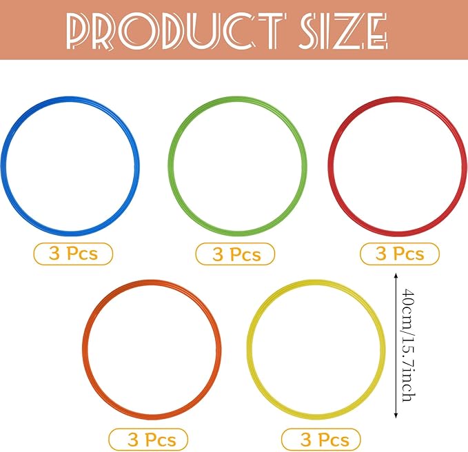 15 Pcs Obstacle Course Ring Set 15.7 Inch Large Plastic Exercise Hoop Playground Toys Hoop for Gymnastics Practice, Party Games, Holiday Decor, Educational Activities (5 Colors)