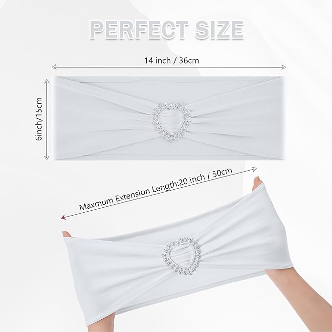 Howhic Pack of 30 Spandex Chair Sashes Bows Stretch Chair Cover Band with Buckle Slider Universal Elastic Chair Ties for Wedding Banquet Party Event Decoration (White)