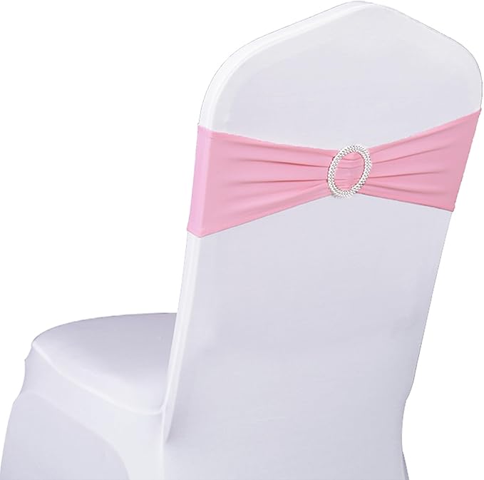 100PCS Stretch Wedding Pink Chair Sashes Bands with Buckle Slider Sashes Bow Decorations 25 Colors (Pink)