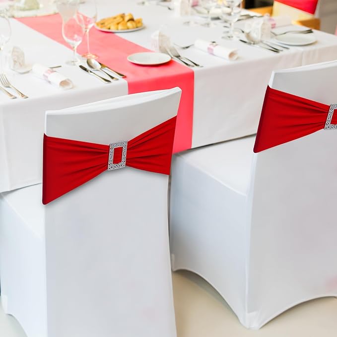 Joccun 120 PCS Spandex Chair Sashes Bows Stretch Chair Cover Band with Buckle Slider Universal Elastic Chair Ties for Wedding Banquet Party Event Decoration (Ruby)