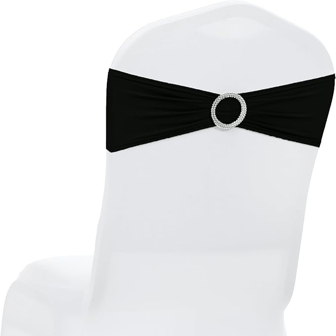 MDS Pack of 25 Spandex Chair Sashes Bow Premium Stretch Chair Cover Band with Buckle Slider Universal fits Elastic Stretch Chair Ties for Wedding Party Banquet Events Decoration - Black