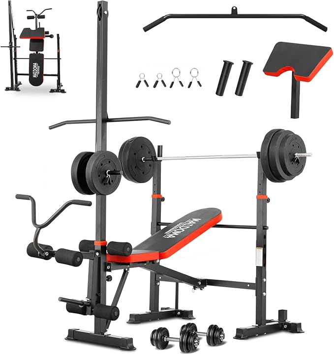Foldable 1500LBS 8 IN 1 Olympic Weight Bench Set with Squat Rack, Leg Extension/Curl & Preacher Curl, Adjustable Bench Press Set with Safety Bar Catches for Home Gym Full Body Workout