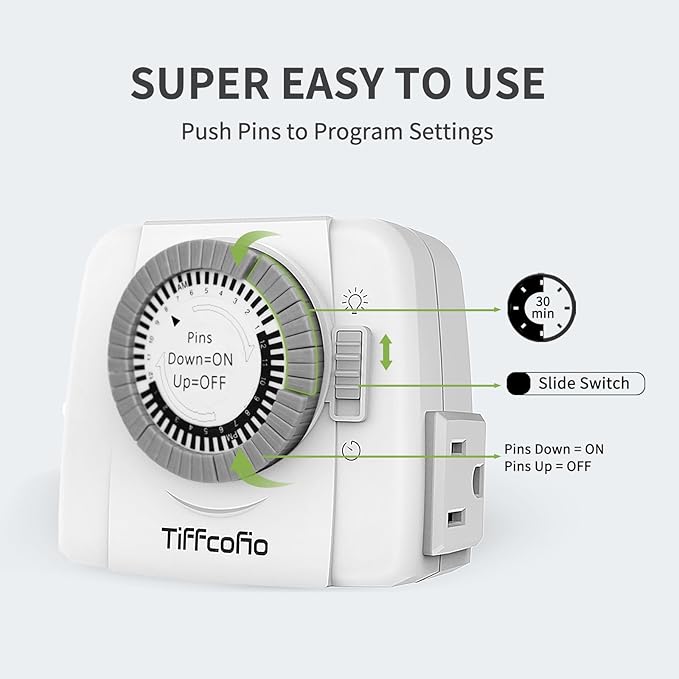 TiFFCOFiO Indoor Mechanical Outlet Timer, 3 Prong Timers for Electrical Outlets, 24-Hour Programmable Plug in Light Timer, ETL Listed (2 Outlets,1 Pack)