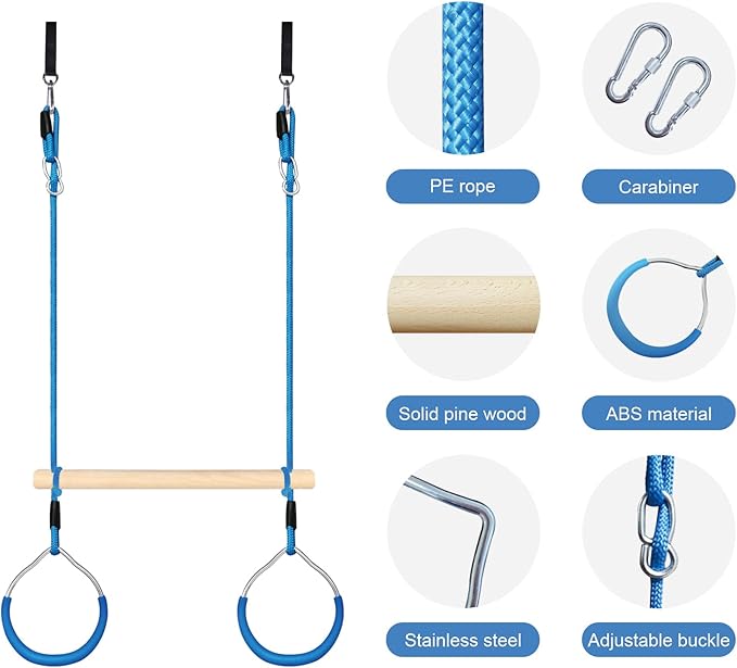 Trapeze Swing Bar with Gymnastic Rings Warrior Accessories for Obstacle Course Monkey Bars for Indoor Outdoor Garden，Backyard, Playground, Playroom（Blue）