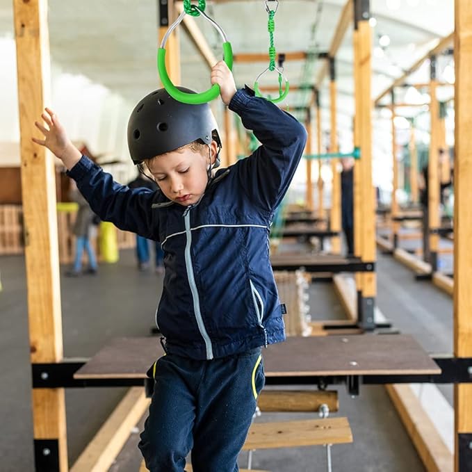 Ninja Jungle Ring Warrior Obstacle Course Trapeze Climbing Fist Swing Playset, 8 Pcs Green Fitness Gymnastic Rings Hanging Monkey Bars Indoor Outdoor Backyard Playground Gym Workout Training Equipment