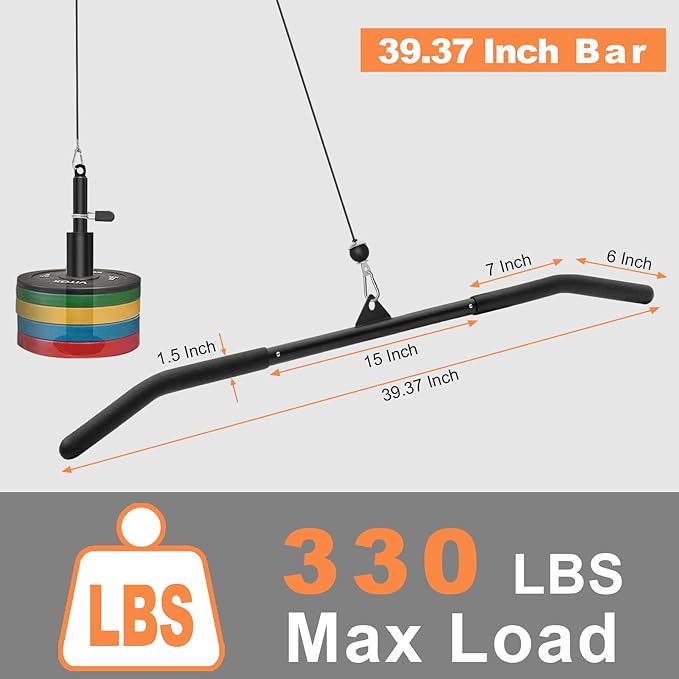 SERTT 39.37 Inch LAT Pulldown Bar Attachment for Pulley Cable Machine, Curl Tricep Press Down Bar with Rubber Handle, LAT Pull Down Bar Accessories for Gym, Strength Workout, Muscle Building