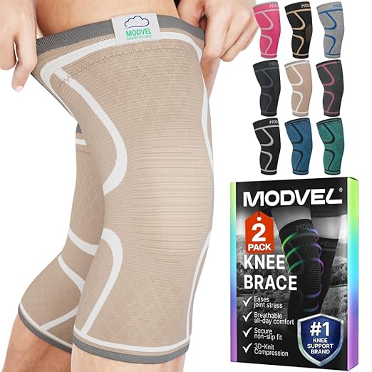 Modvel 2 Pack Knee Brace for Women & Men - Knee Support for Walking, Knee Compression Sleeves for Pain Relief, Knee Sleeves for Women, Knee Sleeves for Men, Knee Brace for Sports, Workouts & Arthritis