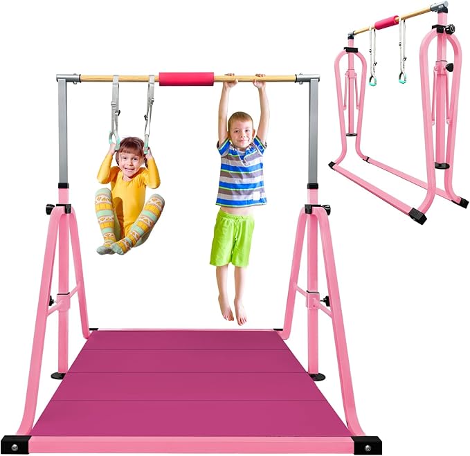 GLANT Gymnastics Bar for Kids with Rings Set, 7 Heights Adjustable Easy Folding Gymnastic Training Bar Kids Monkey Horizontal Bars - Max Load 300LBS
