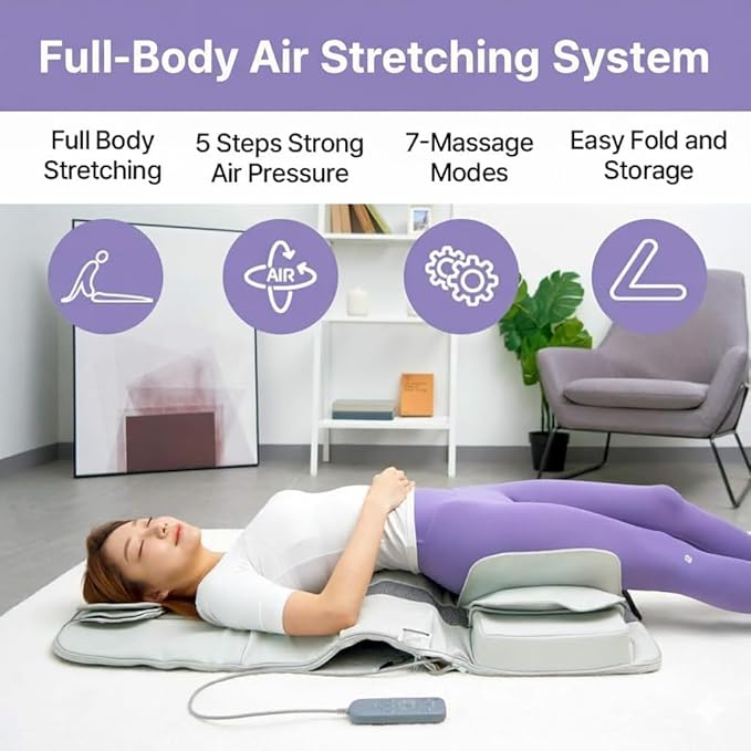 DR. WELL 2026 New, Full Body Stretching Massage Mat 3D Lumbar - Neck, Back, Waist, Hip Relaxation. 26 Powerful Air Cells, 7 Massage Modes & 5 Intensities Levels. Foldable & Portable Mattress.