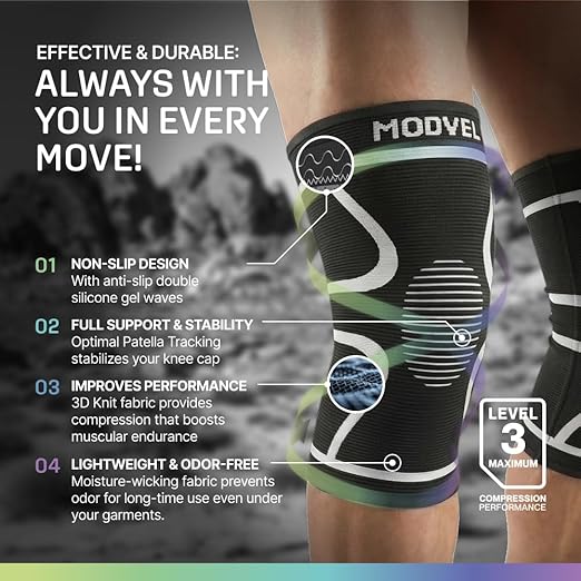 Modvel 2 Pack Knee Brace for Women & Men - Knee Support for Walking, Knee Compression Sleeves for Pain Relief, Knee Sleeves for Women, Knee Sleeves for Men, Knee Brace for Sports, Workouts & Arthritis