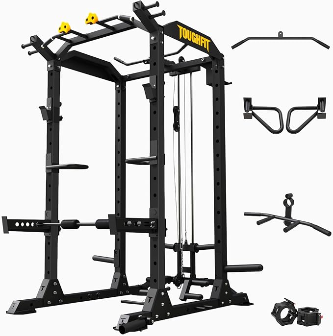 ToughFit 2024 Upgraded T2 Power Cage Muti-Function Power Rack with LAT Pulldown System Squat Rack with Weights and Bar Set for Home Gym with Unique Training Attachment