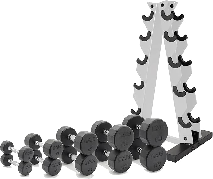 CAP Barbell 150 LB Coated Hex Dumbbell Weight Set with Vertical Rack | Multiple Options