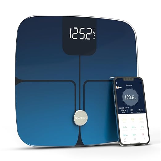Nautica Body Tracker Digital Bathroom Scale, Bluetooth-Enabled Smart Scale with BMI, Body Fat, Muscle Mass Tracking & More, Syncs with Smartphone App for Body Composition Tracking, 440 Lbs.