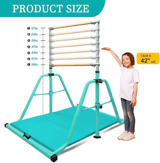 Foldable & Moveable Gymnastics Horizontal Bar with Rings,3’to 5’Adjustable Height Expandable Junior Kip Bar for Home,Indoor Gym Equipment for Kids