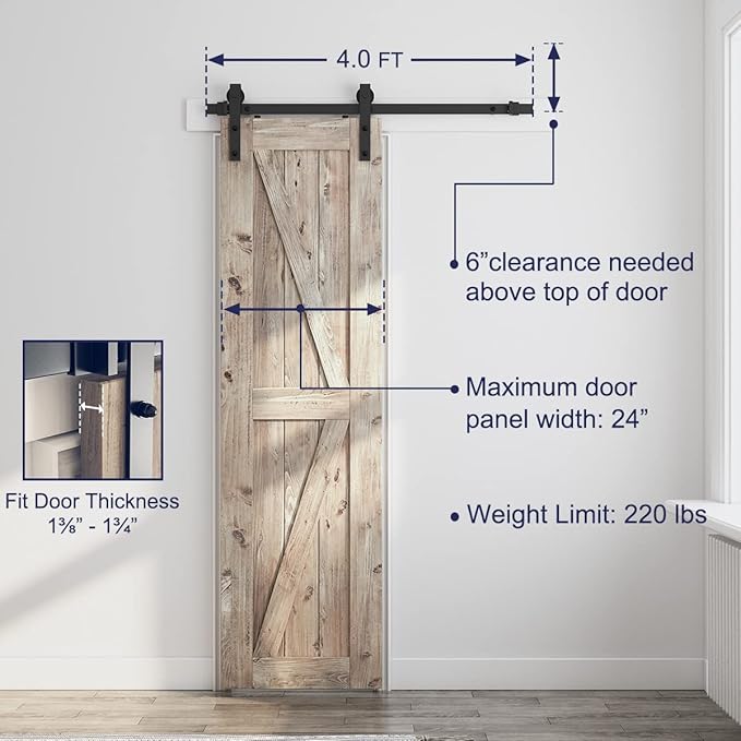 SMARTSTANDARD 4FT Sliding Barn Door Hardware Kit, Heavy Duty Track -Smoothly and Quietly-Includes Detailed Installation Instruction Fit 24" Wide Doorpanel (J Shape Hanger) Black