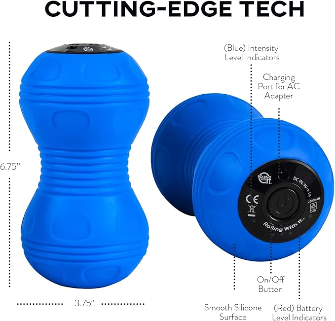 Rolling With It Vibrating Peanut Massage Ball - Deep Tissue Trigger Point Therapy, Myofascial Release - Handheld, Cordless - 4 Intensity Levels - Dual Lacrosse Ball Vibration Massager (Blue)