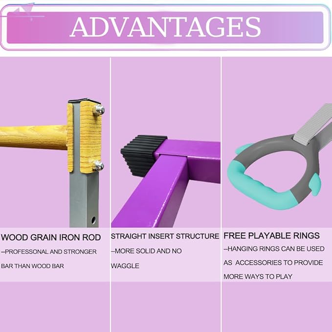 GLANT Gymnastics Bar for Kids with Rings Set, 7 Heights Adjustable Easy Folding Gymnastic Training Bar Kids Monkey Horizontal Bars - Max Load 300LBS