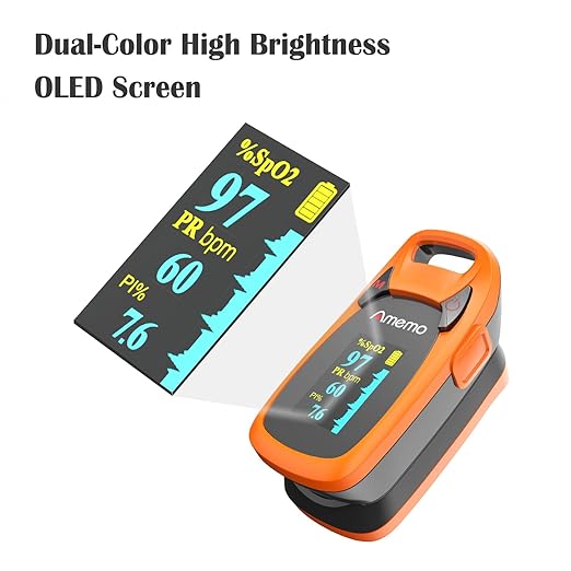 Fingertip Pulse Oximeter with Plethysmograph and Perfusion Index, include carrying case, Large OLED Digital Display Blood Oxygen Saturation Monitor Heart Rate Monitor (Color: Red-Orange)