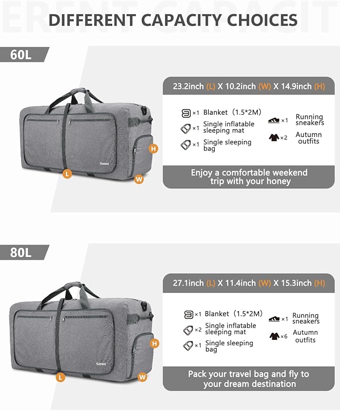 Gonex Large Foldable Travel Duffle Bag with Shoes Compartment, Packable Lightweight Water Repellent Duffel Bag for Camping Gym Weekender Bag