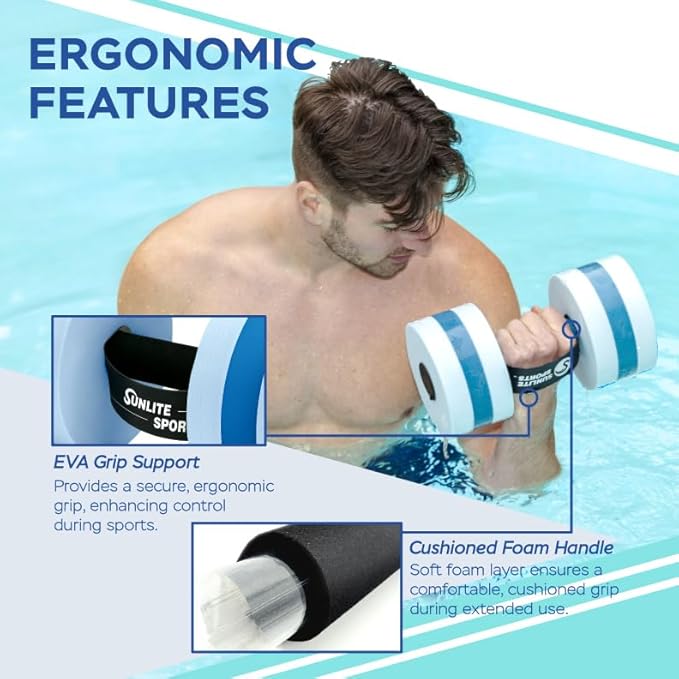 Sunlite Sports Water Weights Pool Exercise Dumbbells, Water Aerobic Equipment, High-Density EVA-Foam Dumbbell with Handle Strip, Aqua Therapy, Pool Fitness, Water Exercise, Set of 2