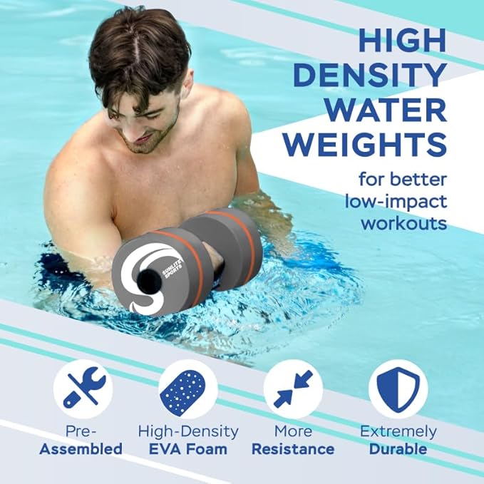 Sunlite Sports Water Weights Pool Exercise Dumbbells, Water Aerobic Equipment, High-Density EVA-Foam Dumbbell with Handle Strip, Aqua Therapy, Pool Fitness, Water Exercise, Set of 2