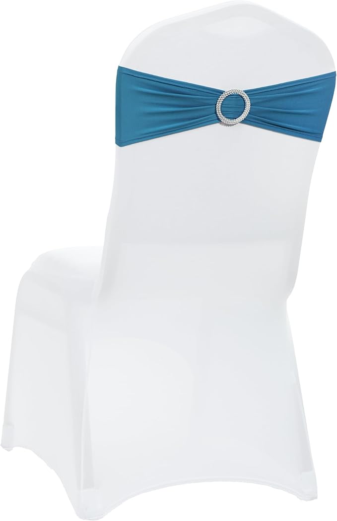 VDS - Dark Teal | Spandex Chair Sashes Bows | 150 PCS | Stretch Elastic Banquet Universal Folding Chair Band Tie with Silver Buckle Slider for Wedding Party Conference Celebration Event Decoration