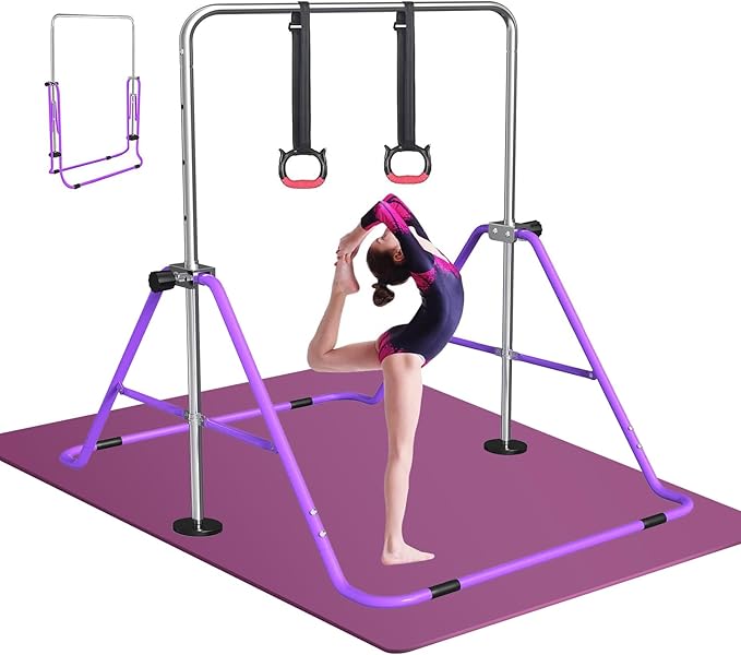 FBSPORT Gymnastics Bar for Kids with Rings,Adjustable Height Gymnastic Horizontal Bars Junior Training Bar Children Folding Training Monkey Bars for Home Using