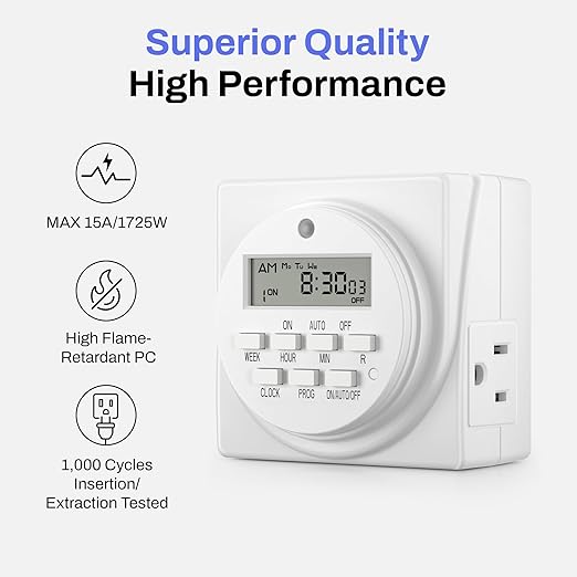 BN-LINK Indoor Digital Timer Outlet, Dual Outlet 7 Day Programmable Light Switch, 3 Prong Plug in Timers for Electrical Outlets, Lamps, Fans, 8 On/Off Programs, 1 Pack, 15A/1875W, ETL Listed