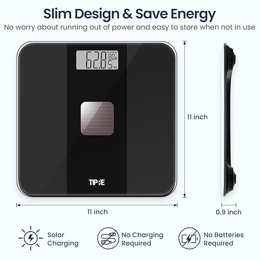 TIPRE Solar Powered Weight Scale with Endless Power, Scale for Body Weight, Electronic Bathroom Scale for Weight Loss, Digital Weighing Scale with 0.1lb Accuracy No Battery Required, 400lb/180kg